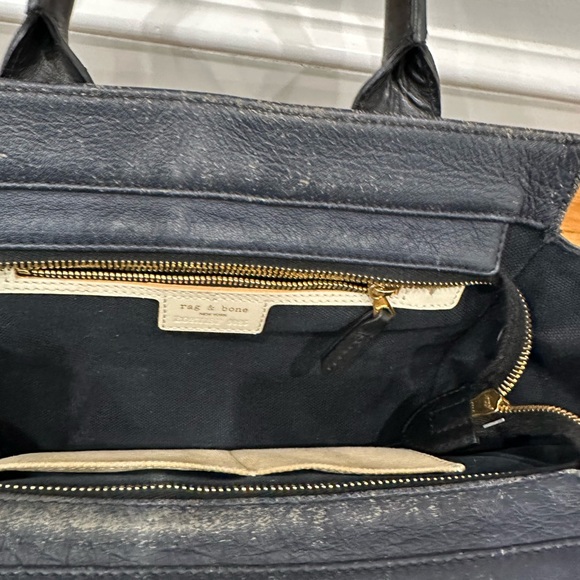 Rag & Bone Pilot Bag in blue leather with a floral print pocket small satchel - Picture 5 of 11